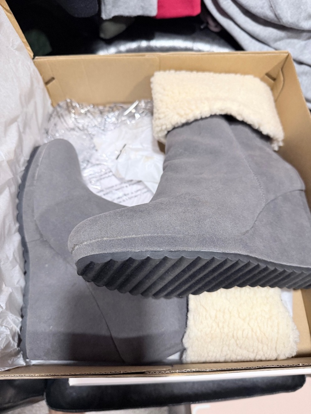 Gray Fuzzy Lined Wedge Boots